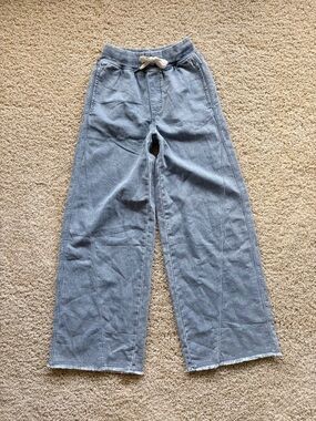 Aerie High Rise Wide Leg Denim Jogger Pants Blue Drawstring Frayed Hem NWT XXS